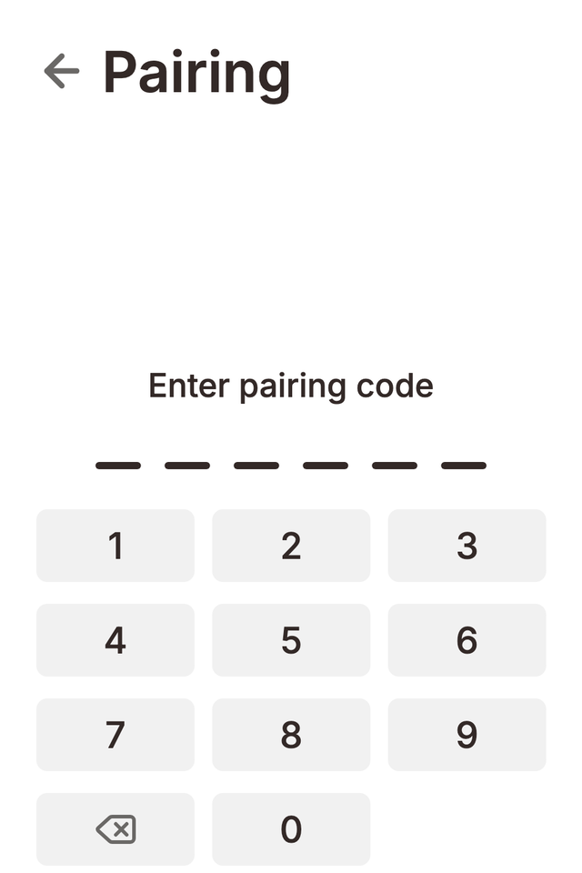 Pairing screen on a Flush unit showing the dialpad for entering the Grolia account pairing code