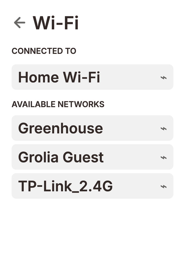 Wi-Fi settings screen on a Grolia Flush showing the list of available networks