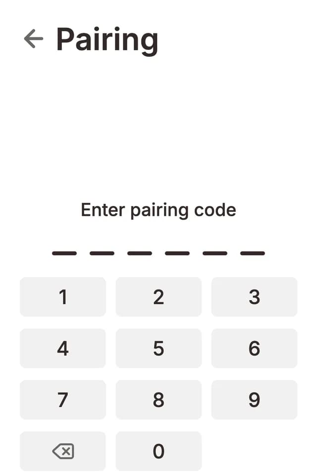 Pairing screen on a Flush Cabinet showing the keypad for typing in the pairing code from the Grolia website