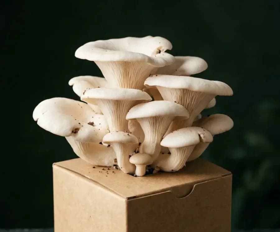 Snow White Oyster mushrooms fruiting from a ready-to-grow block