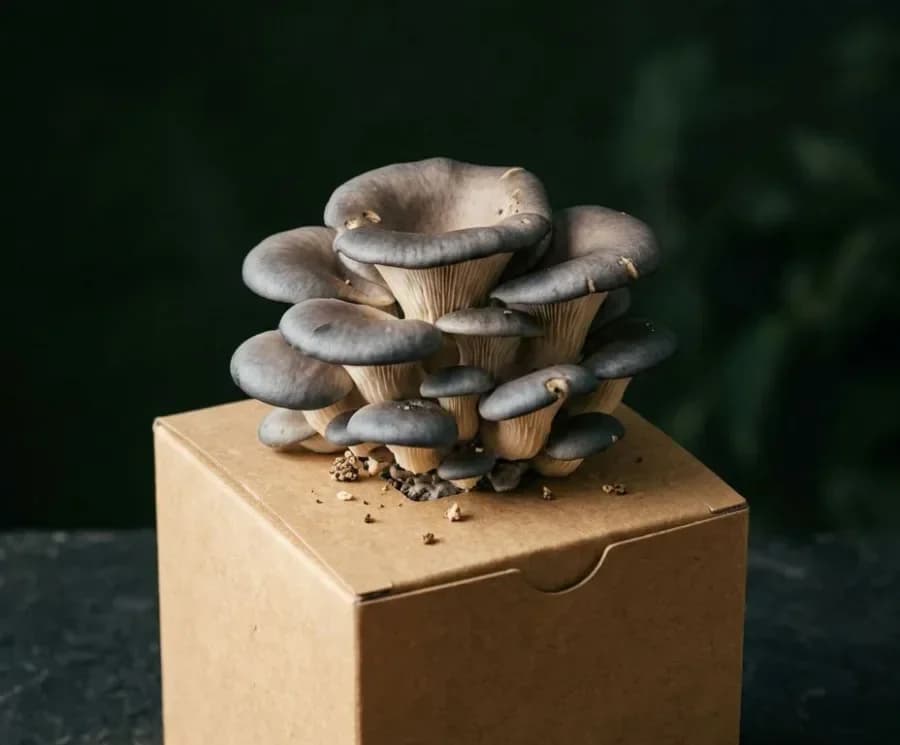 Blue Oyster mushrooms fruiting from a ready-to-grow block