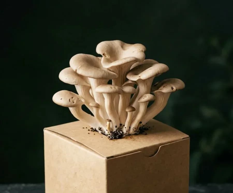 Phoenix Oyster mushrooms fruiting from a ready-to-grow block