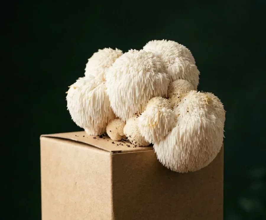 Lion’s Mane mushrooms fruiting from a ready-to-grow block