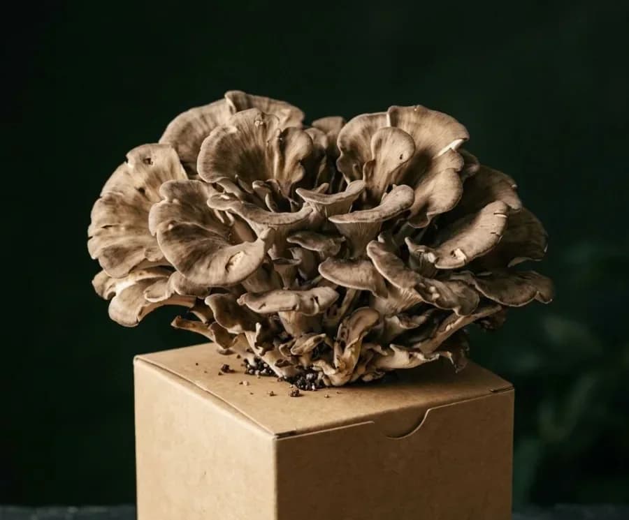 Maitake mushrooms fruiting from a ready-to-grow block