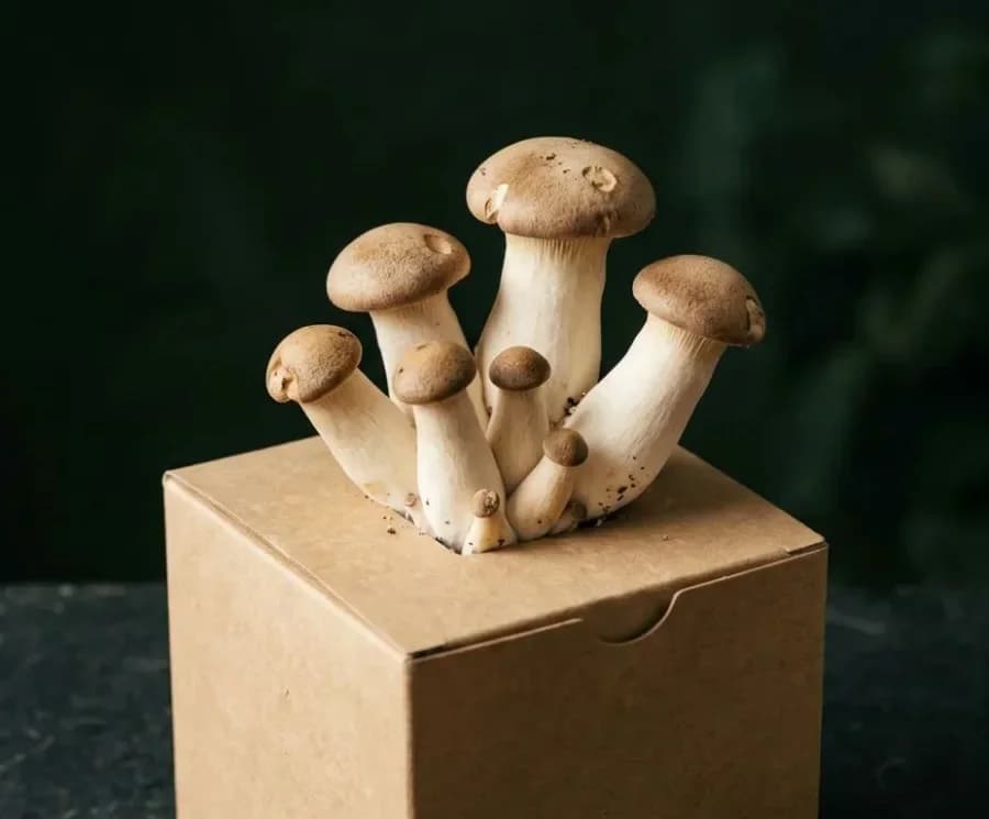 King Oyster mushrooms fruiting from a ready-to-grow block