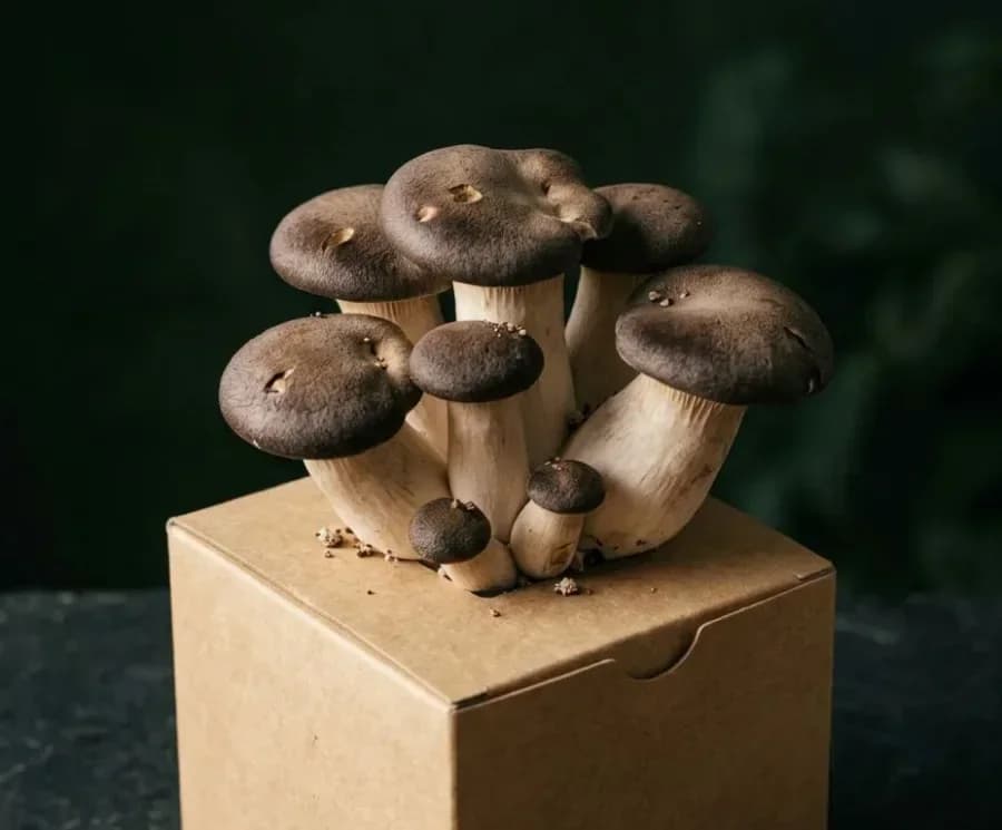 Black Pearl King Oyster mushrooms fruiting from a ready-to-grow block