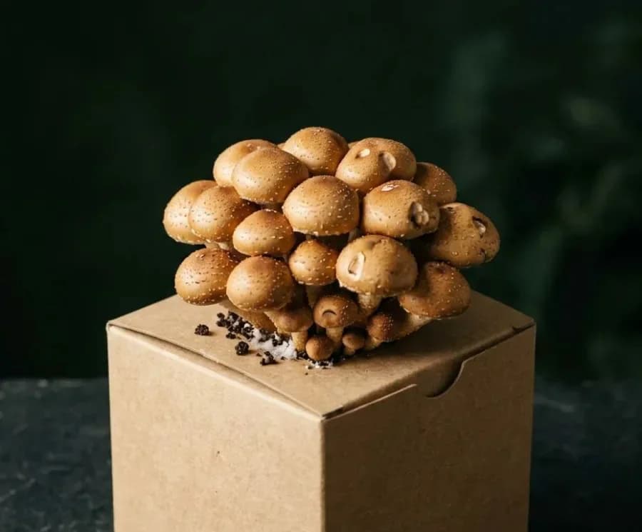 Chestnut mushrooms fruiting from a ready-to-grow block