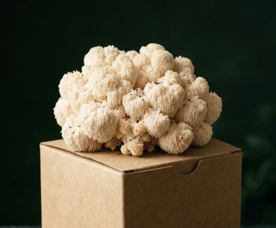 Coral Tooth mushrooms fruiting from a ready-to-grow block