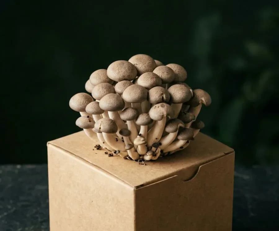 Blue Shimeji mushrooms fruiting from a ready-to-grow block