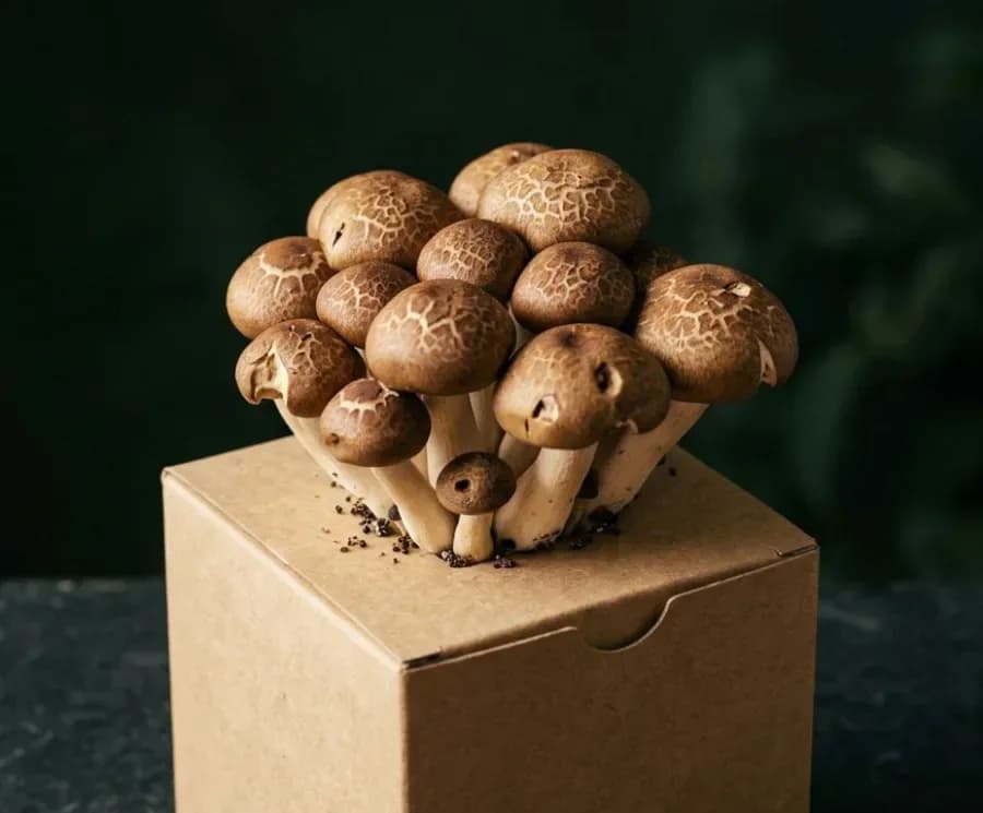 Beech mushrooms fruiting from a ready-to-grow block