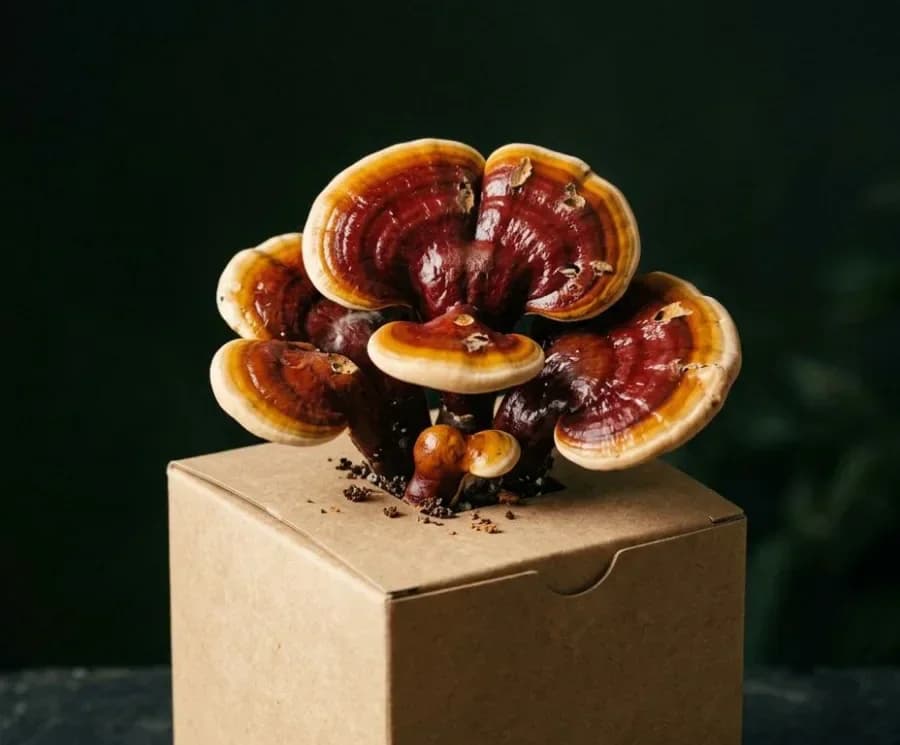 Reishi mushrooms fruiting from a ready-to-grow block