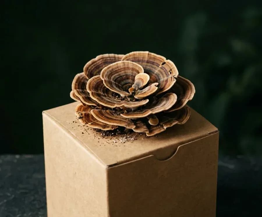 Turkey Tail mushrooms fruiting from a ready-to-grow block