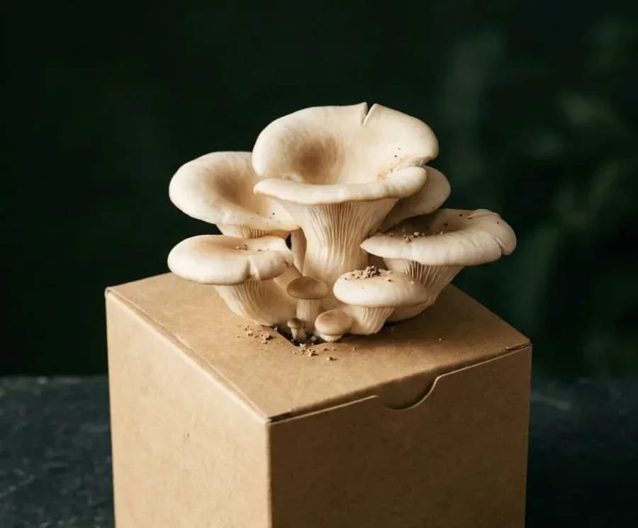 Warm White Oyster mushrooms fruiting from a ready-to-grow block