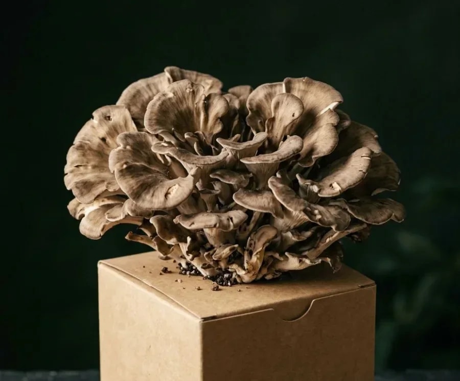 Maitake mushrooms fruiting from a ready-to-grow block