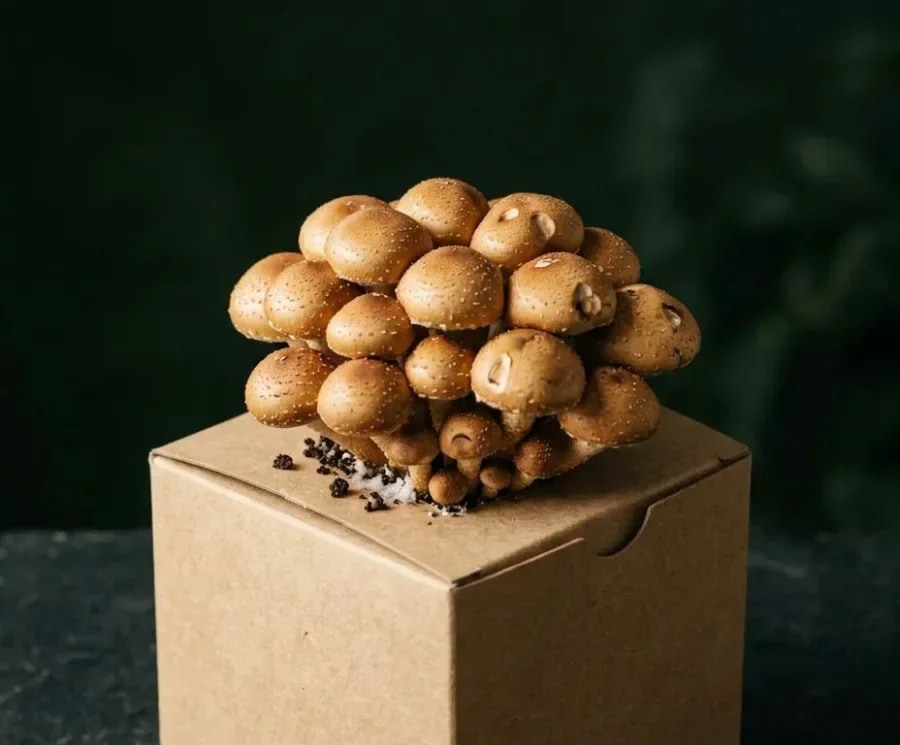 Chestnut mushrooms fruiting from a ready-to-grow block