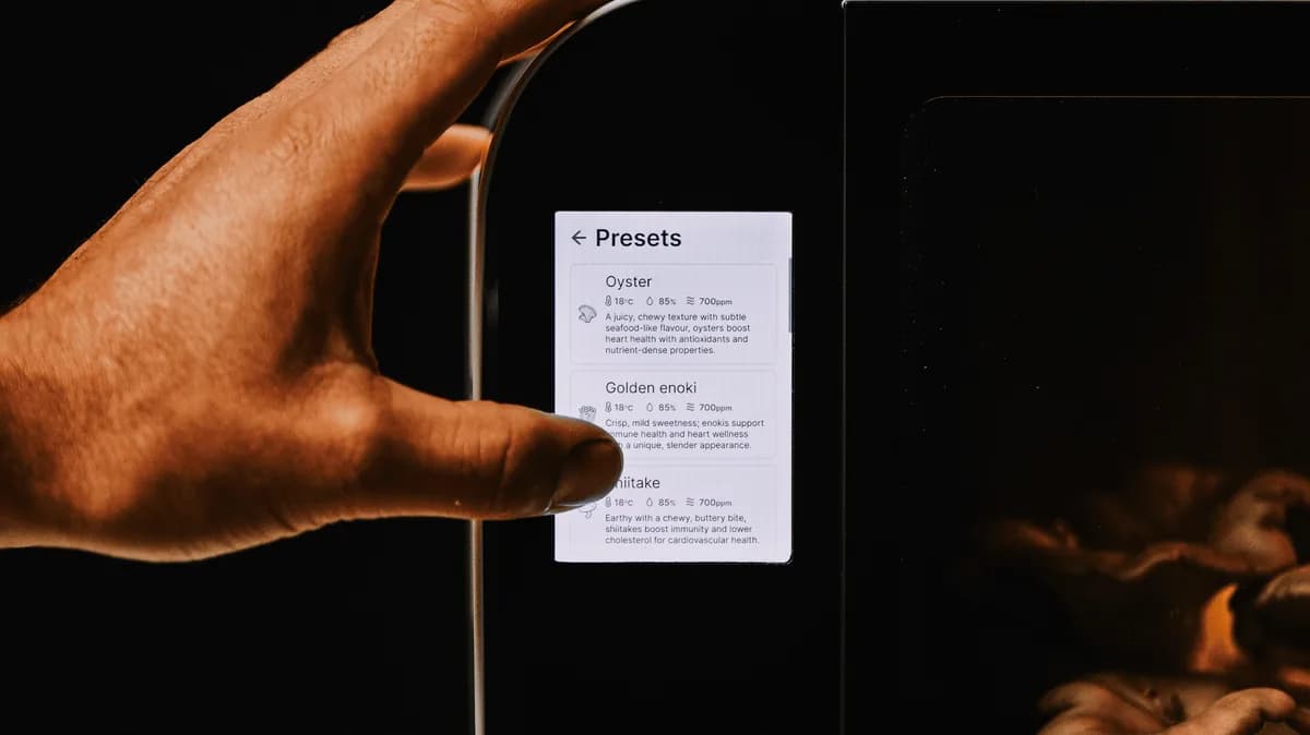 A fingertip selecting a mushroom variety preset on the Flush touch panel