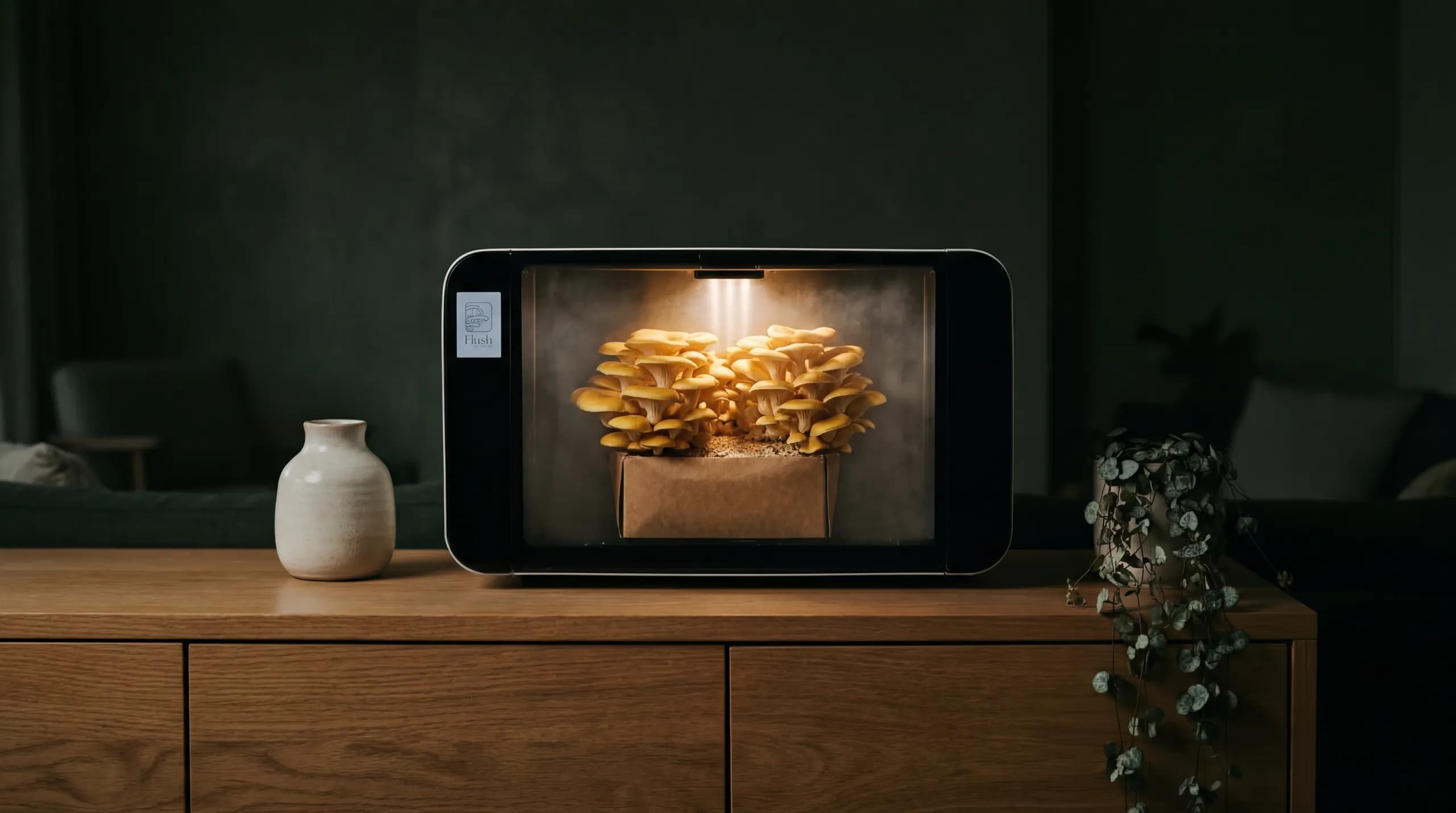 The Flush growing cabinet glowing softly on an oak sideboard at dusk, golden oyster mushrooms fruiting inside