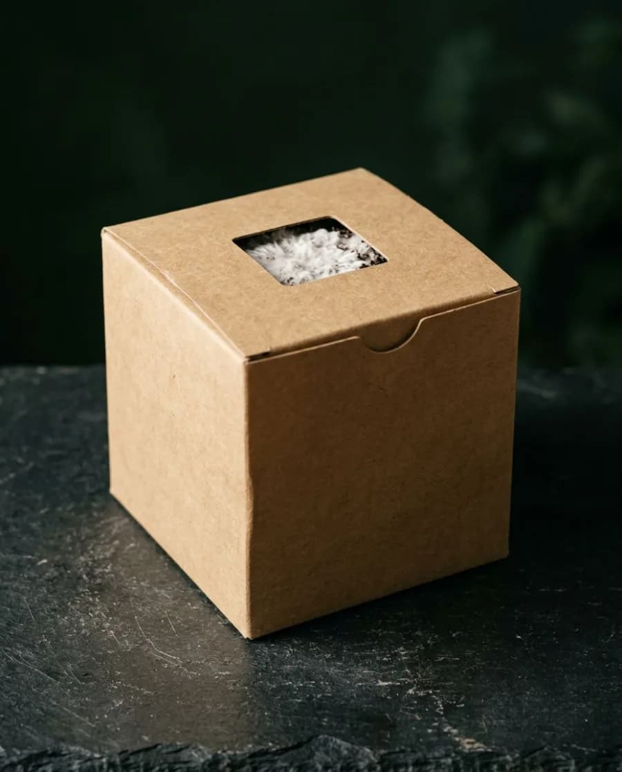 A fruiting block in its kraft box, ready to grow