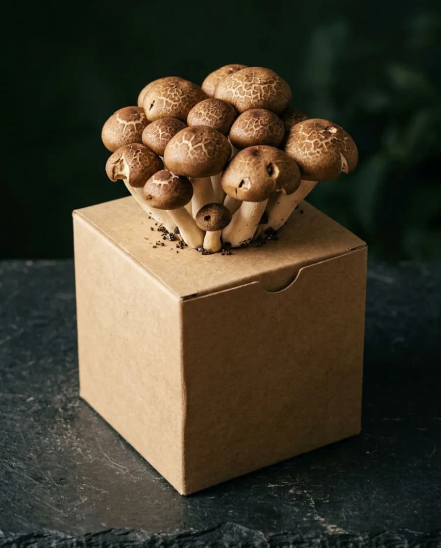 Beech mushrooms growing from a fruiting block