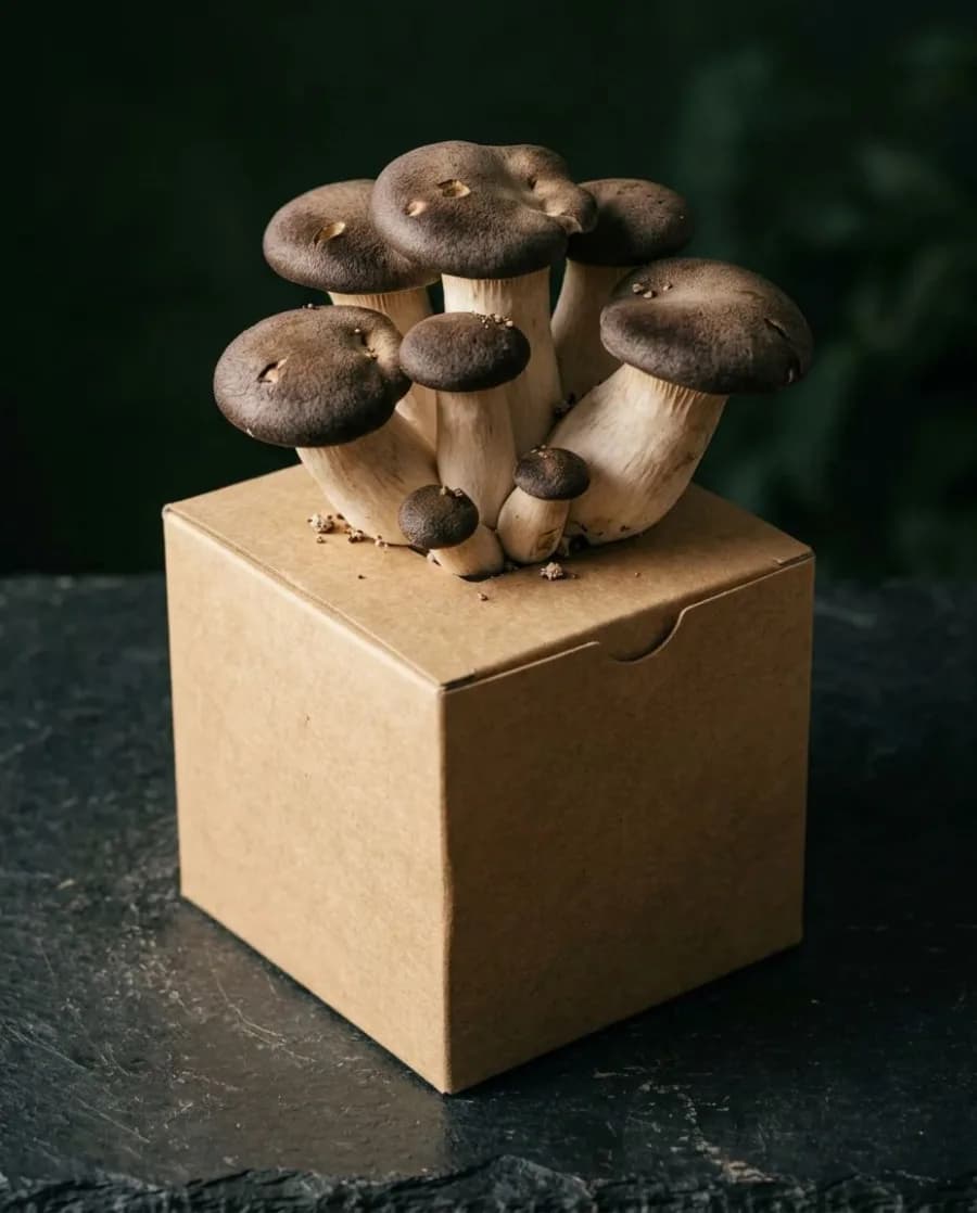 Black Pearl King Oyster mushrooms growing from a fruiting block