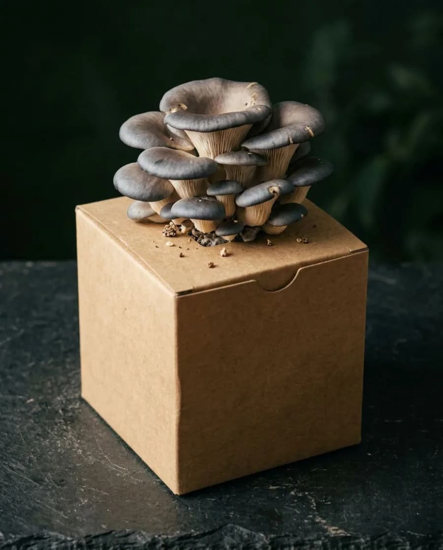 Blue Oyster mushrooms growing from a fruiting block