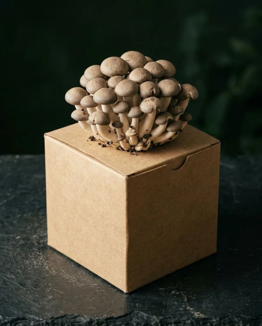 Blue Shimeji mushrooms growing from a fruiting block
