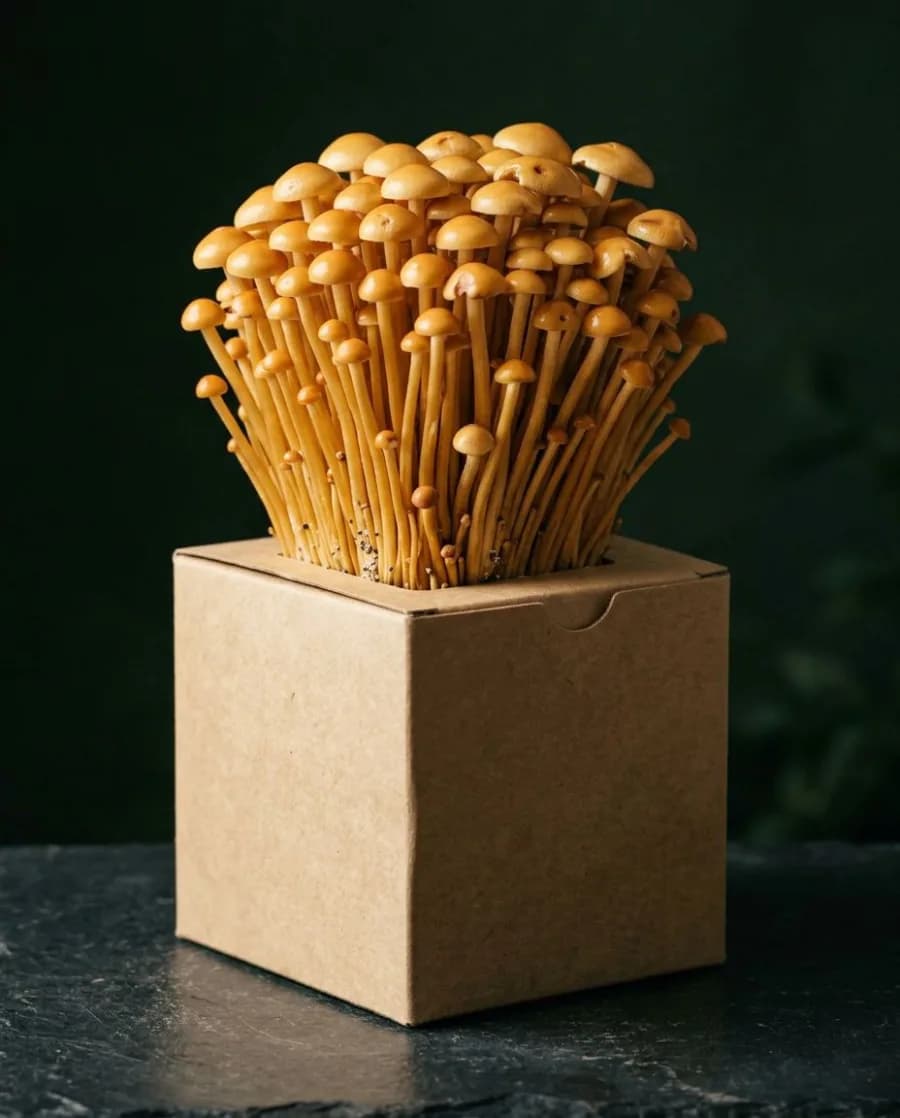 Golden Enoki mushrooms growing from a fruiting block