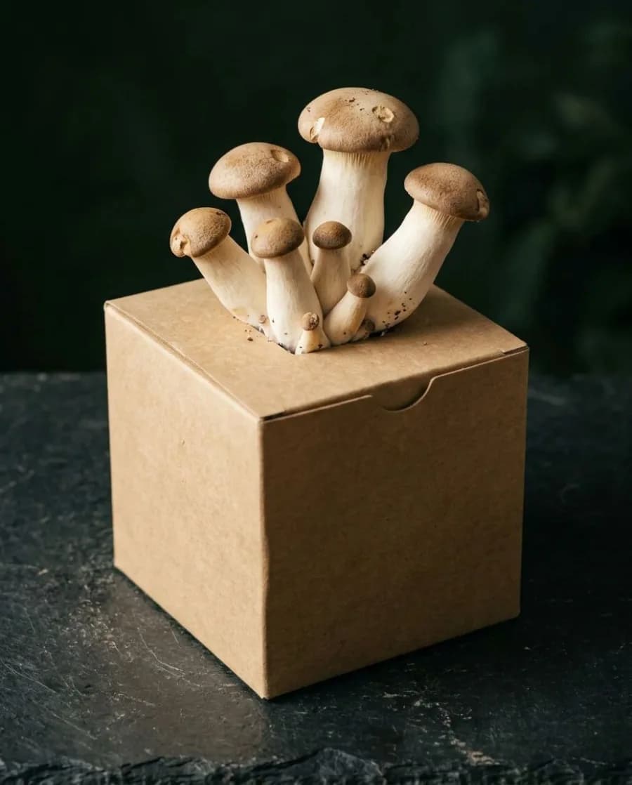 King Oyster mushrooms growing from a fruiting block