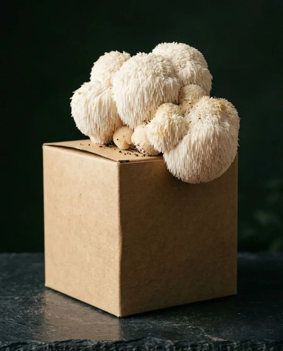Lion's Mane mushrooms growing from a fruiting block