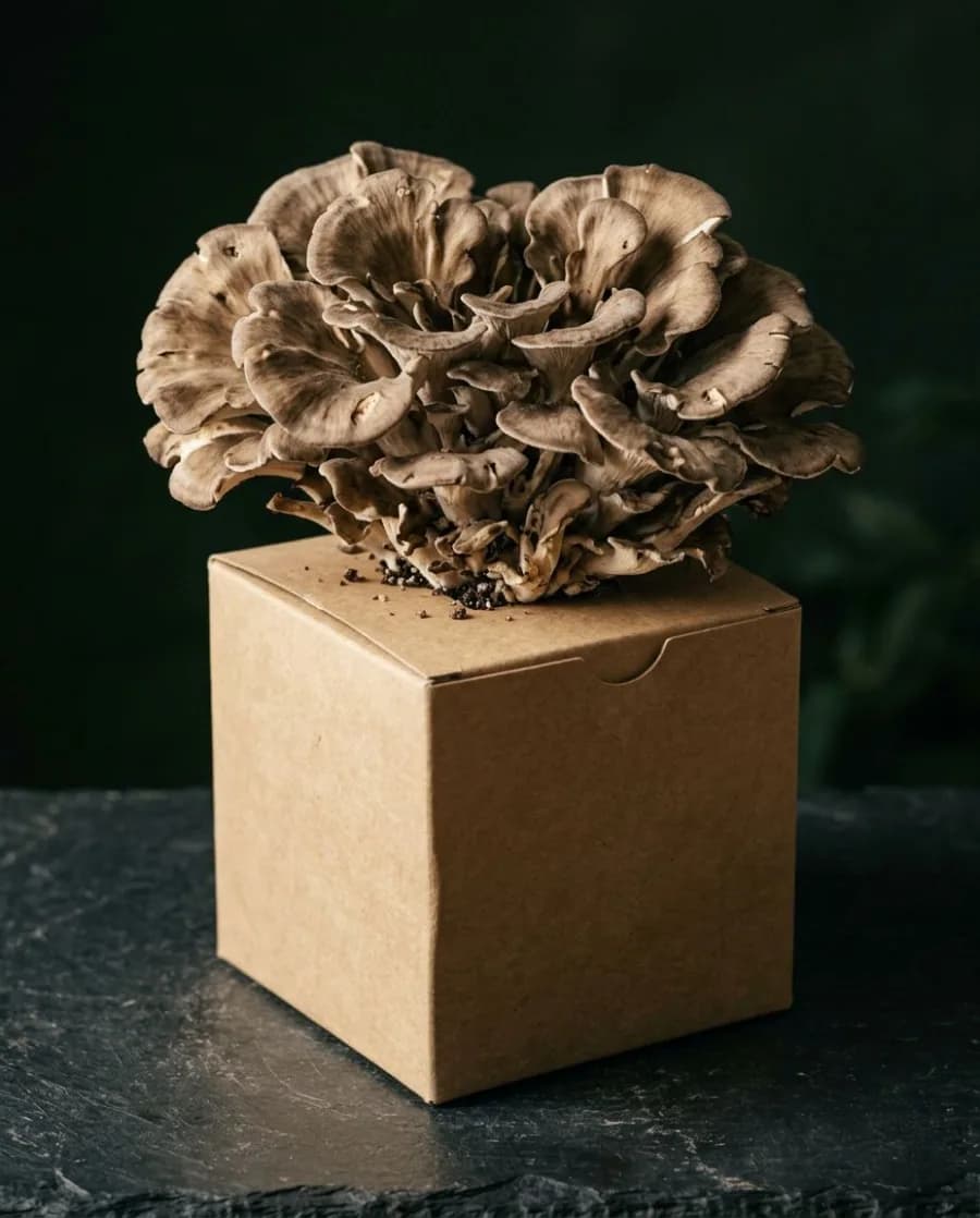 Maitake mushrooms growing from a fruiting block