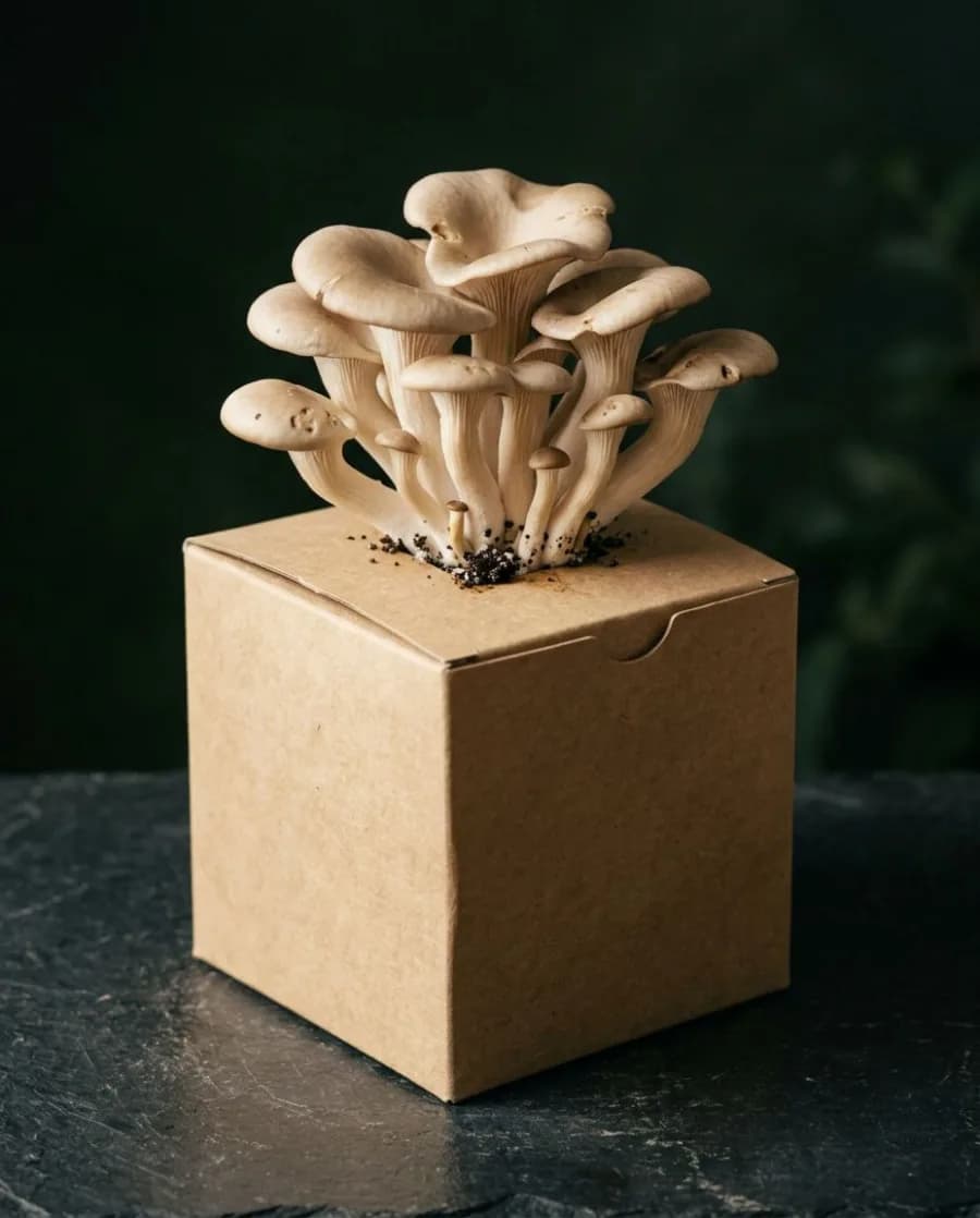 Phoenix Oyster mushrooms growing from a fruiting block