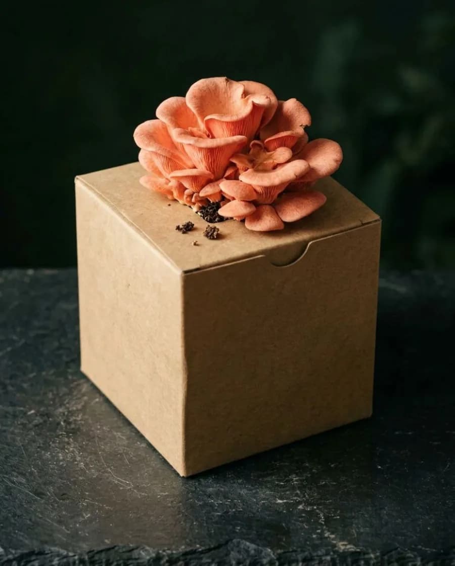Pink Oyster mushrooms growing from a fruiting block
