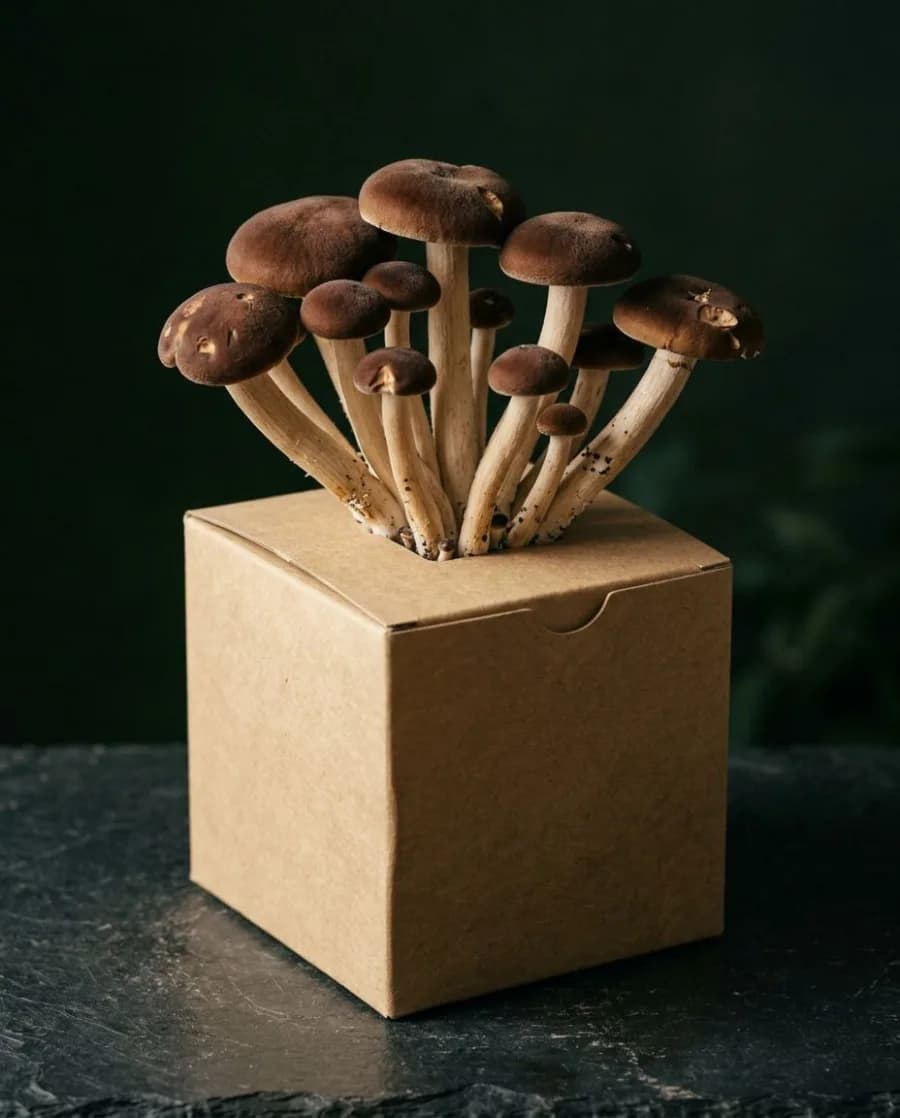 Pioppino mushrooms growing from a fruiting block