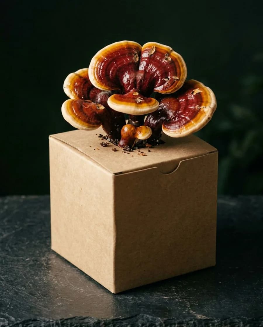 Reishi mushrooms growing from a fruiting block