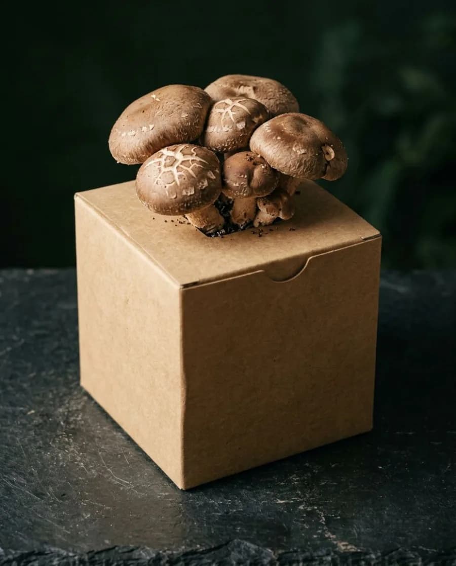 Shiitake mushrooms growing from a fruiting block