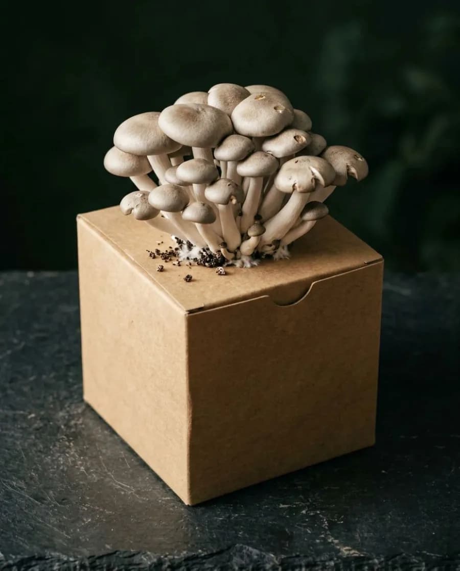 Silver Shimeji mushrooms growing from a fruiting block