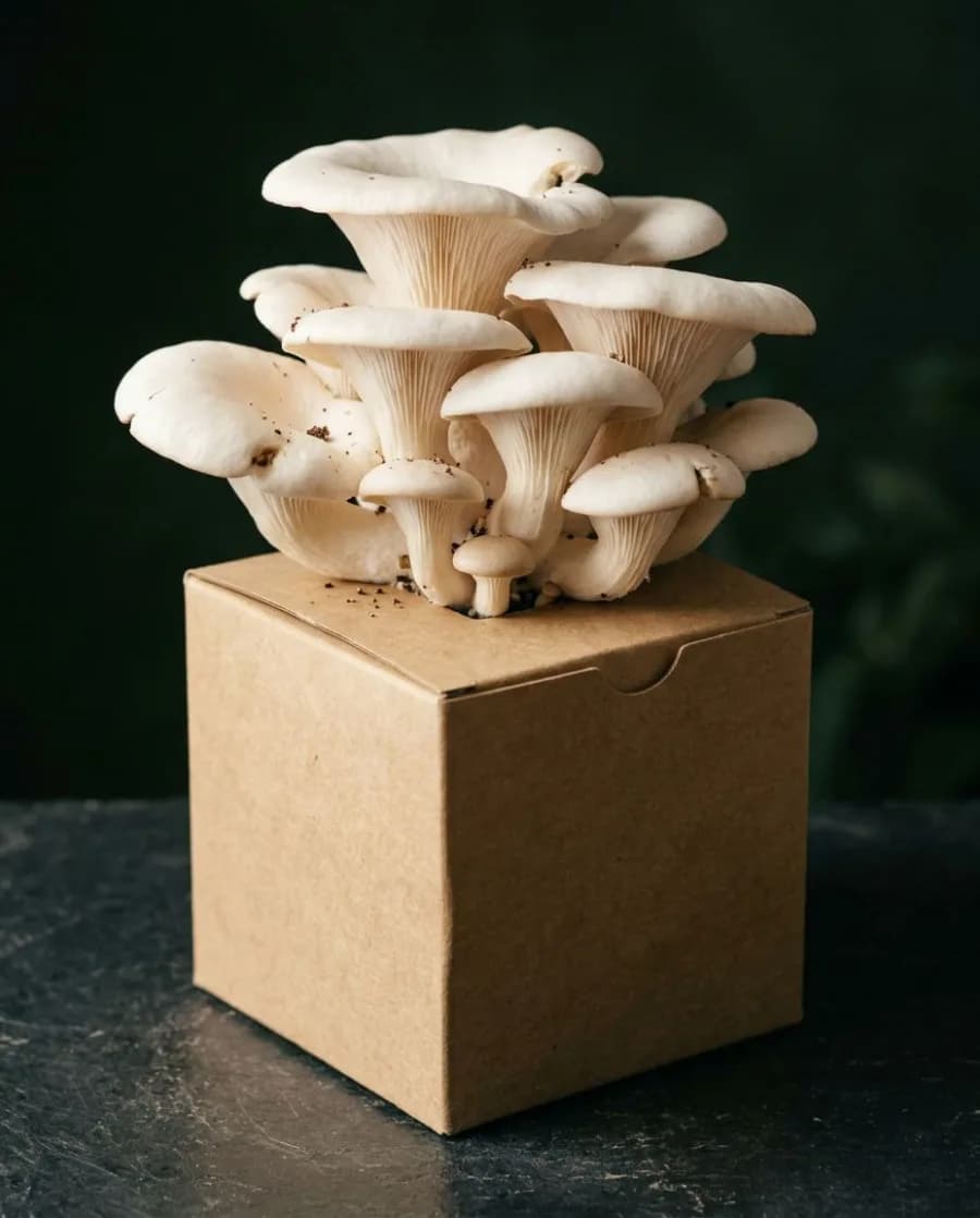 Snow White Oyster mushrooms growing from a fruiting block