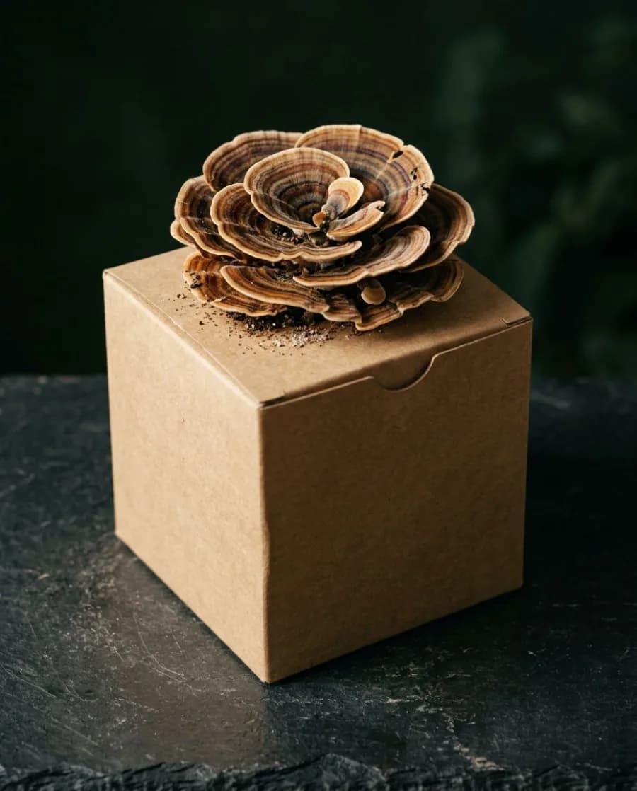 Turkey Tail mushrooms growing from a fruiting block
