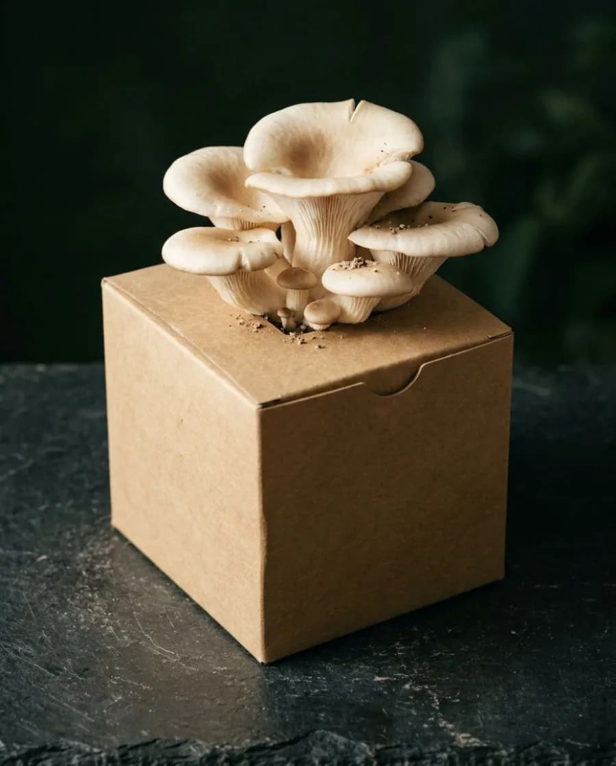 Warm White Oyster mushrooms growing from a fruiting block