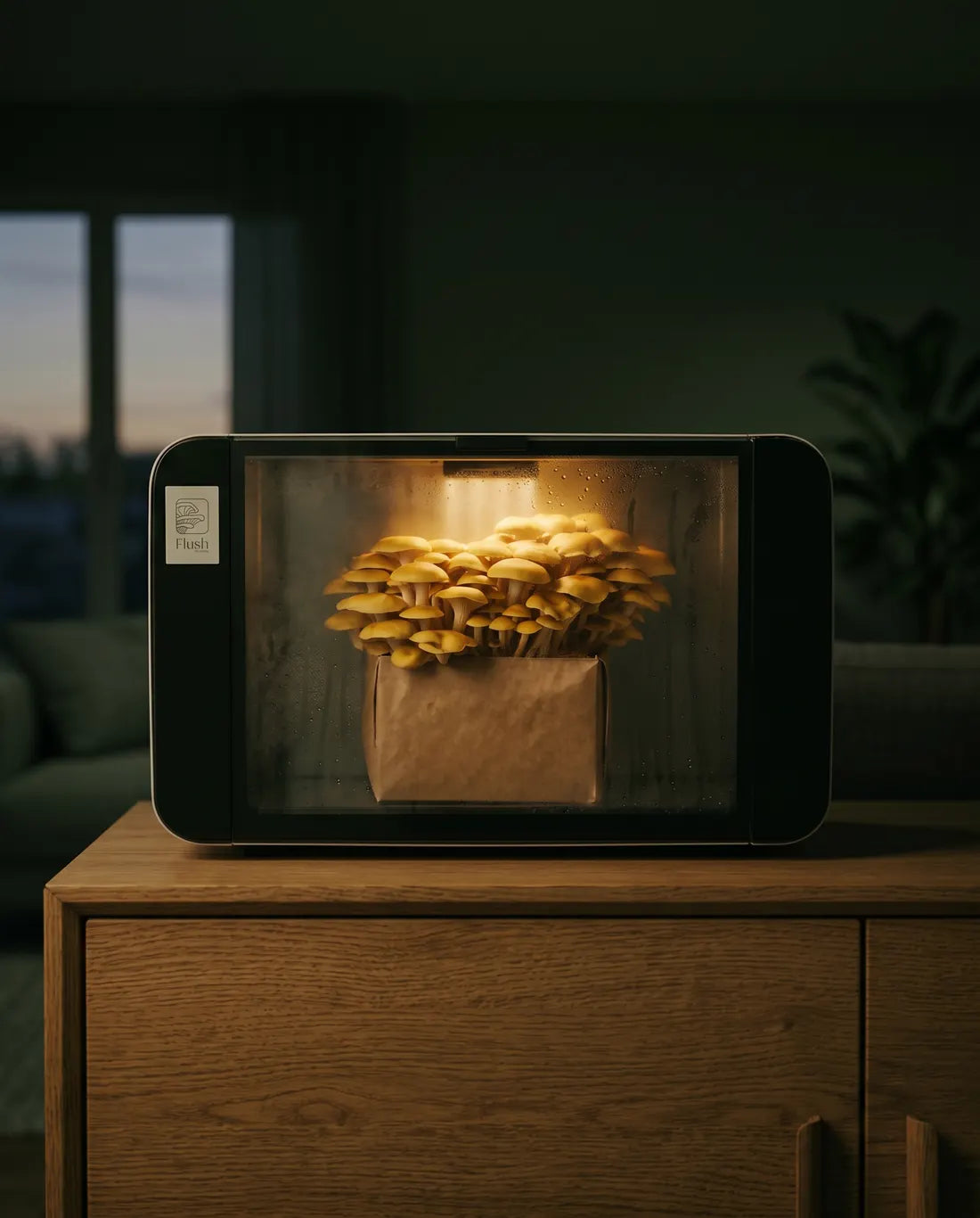 The Flush cabinet glowing at dusk, mushrooms thriving inside