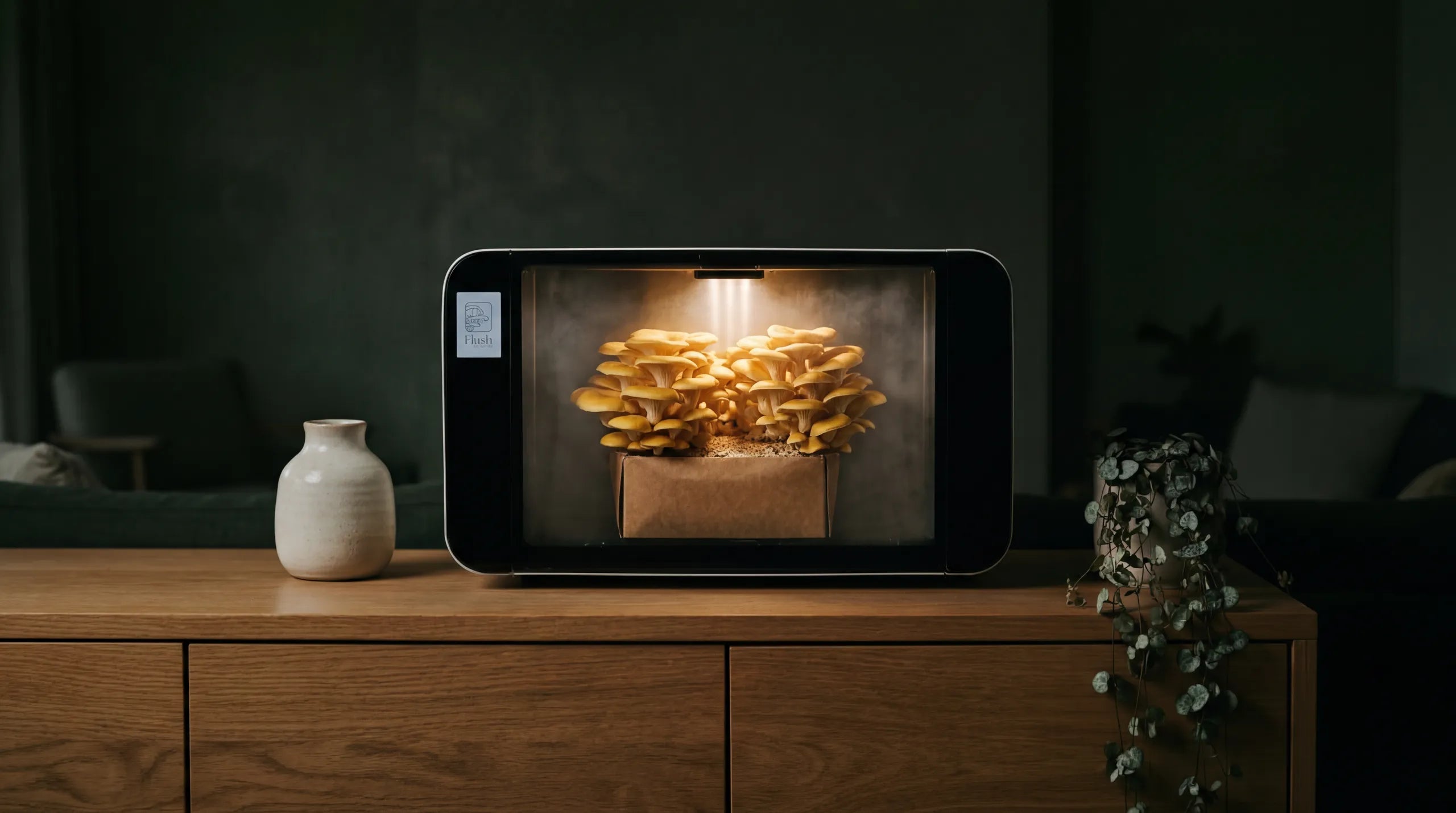The Flush growing cabinet glowing softly on an oak sideboard at dusk, golden oyster mushrooms fruiting inside