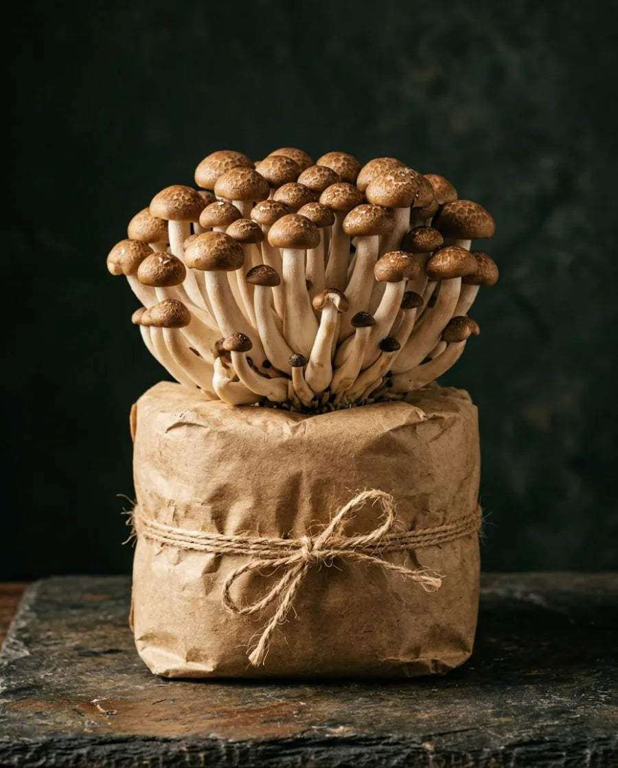 Beech mushrooms growing from a kraft substrate block
