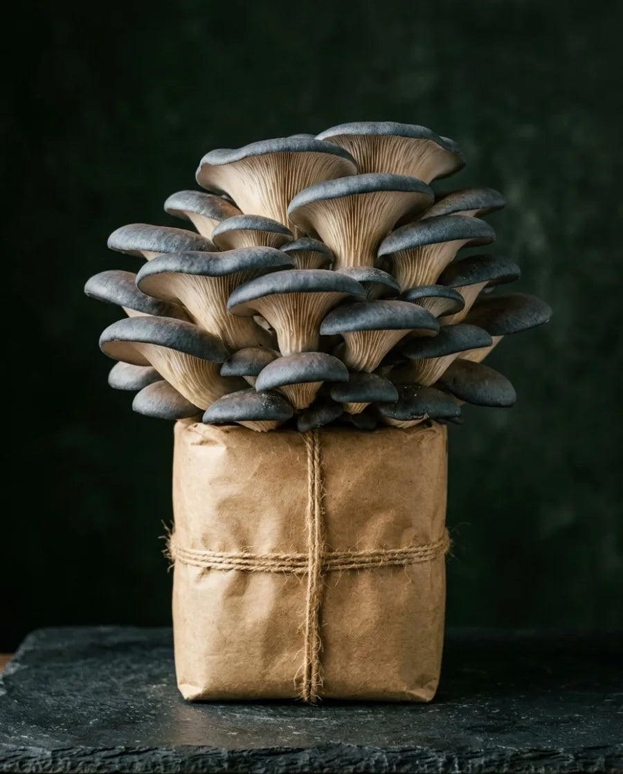 Blue Oyster mushrooms growing from a kraft substrate block