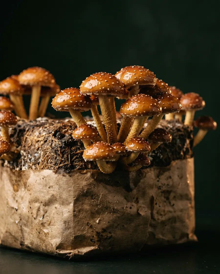Chestnut mushrooms growing from a kraft substrate block