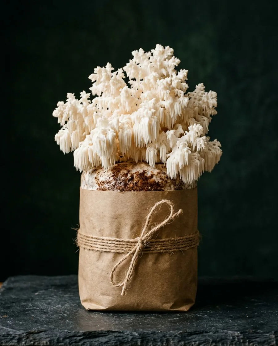 Coral Tooth mushrooms growing from a kraft substrate block