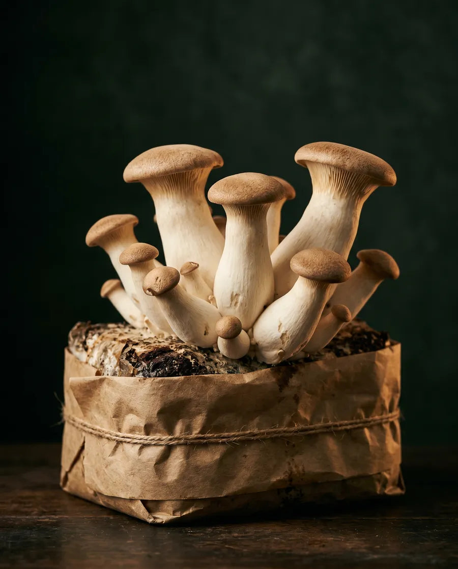 King Oyster mushrooms growing from a kraft substrate block