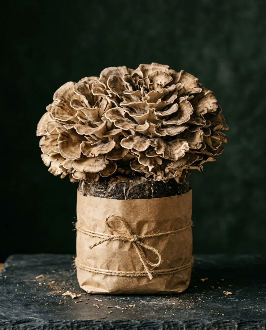 Maitake mushrooms growing from a kraft substrate block