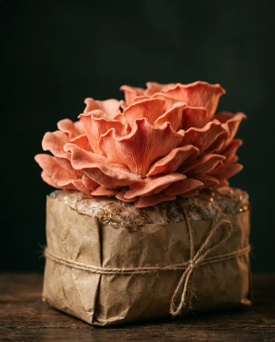 Pink Oyster mushrooms growing from a kraft substrate block