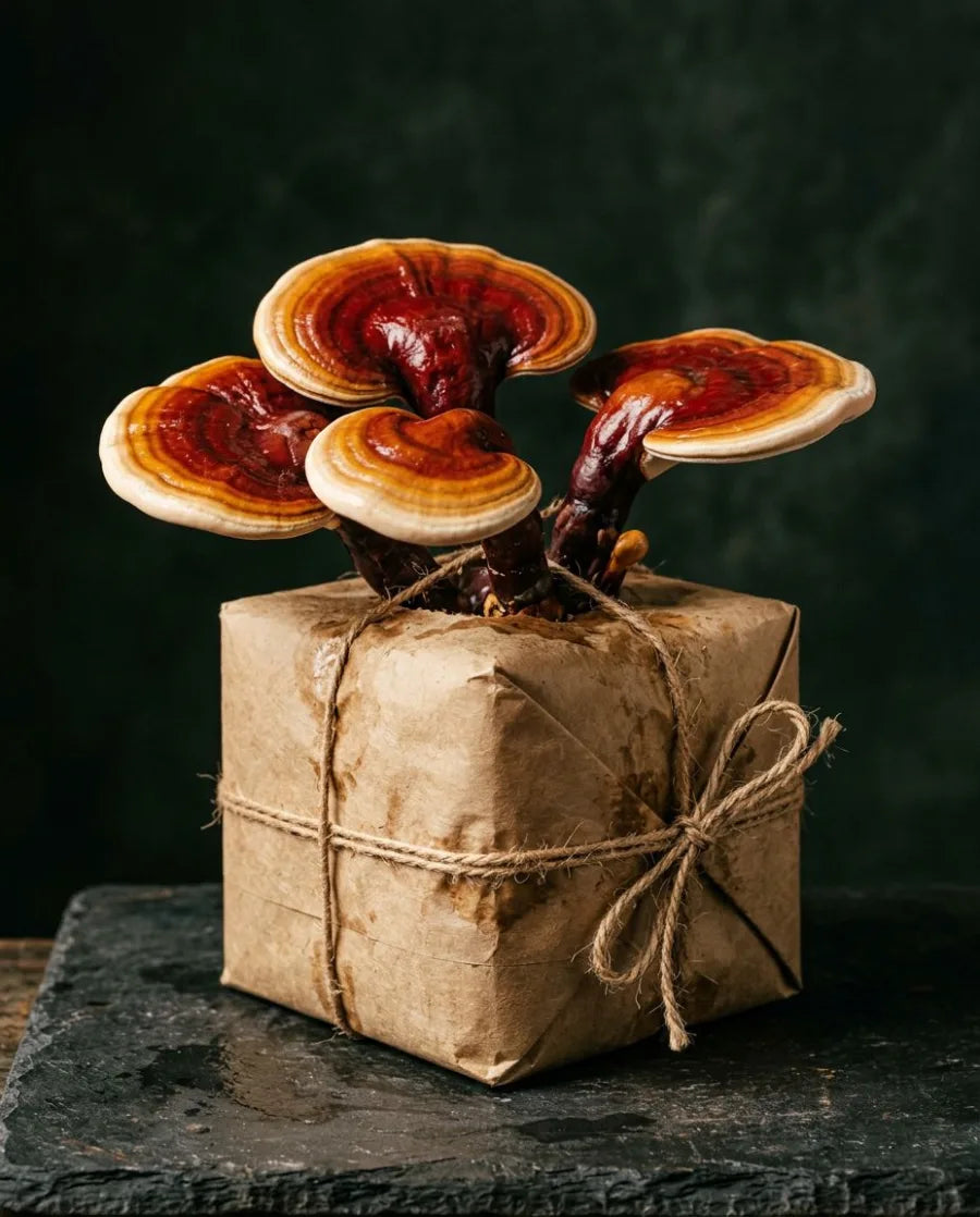 Reishi mushrooms growing from a kraft substrate block