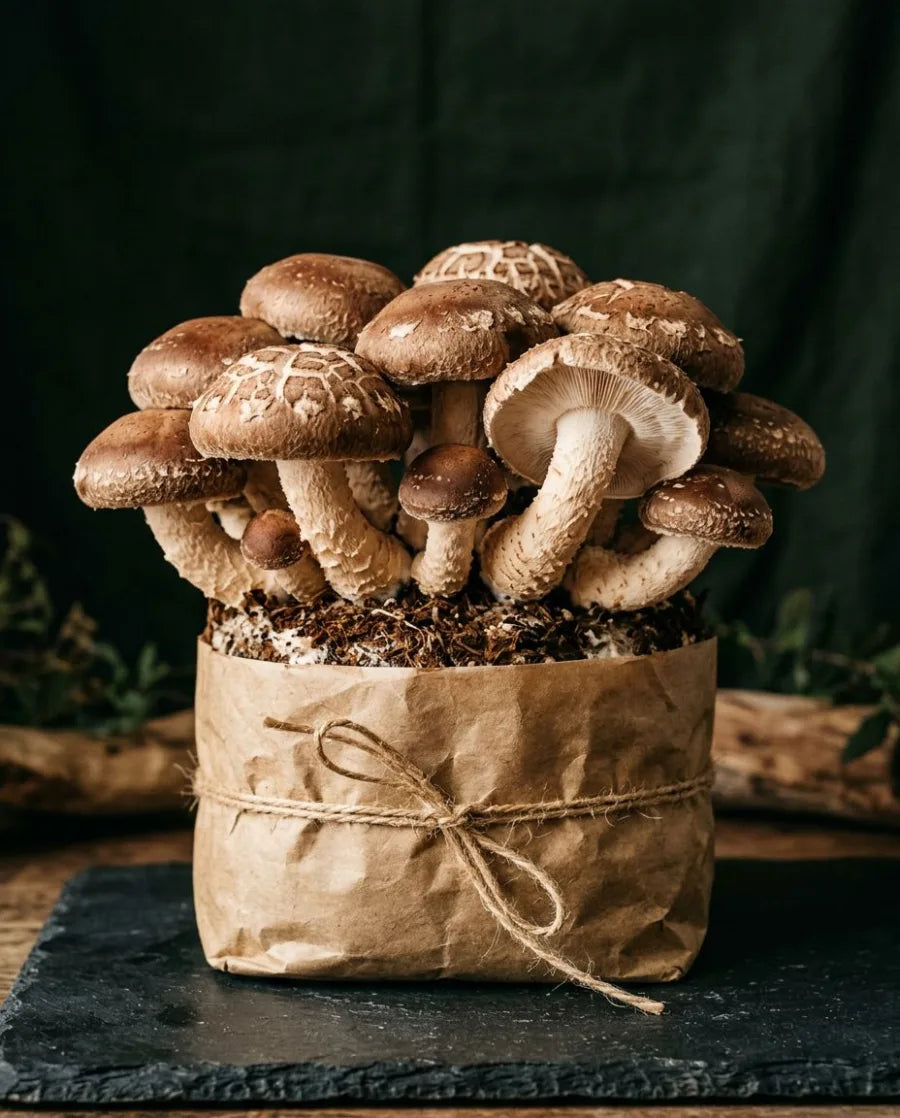 Shiitake mushrooms growing from a kraft substrate block